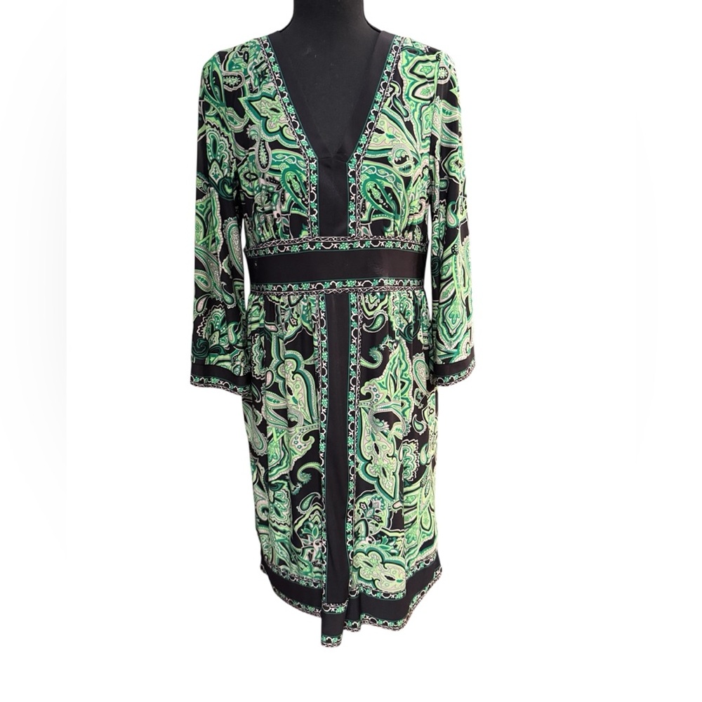 INC International Concepts‎ Black & Green Paisley V-Neck Dress size Petite large